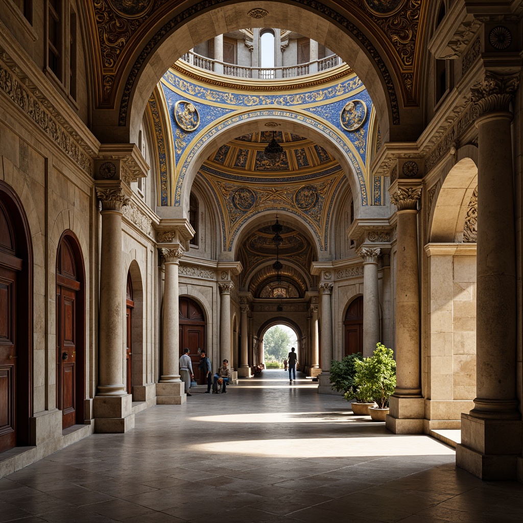 Prompt: Intricate stone carvings, ornate arches, grand domes, vibrant mosaics, golden accents, ornamental columns, decorative capitals, rustic stonework, weathered textures, aged patina, soft warm lighting, shallow depth of field, 1/2 composition, realistic materials, ambient occlusion.