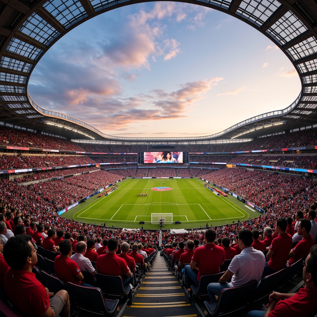 Prompt: Vibrant sports stadium, bold team colors, energetic atmosphere, lively crowd, dynamic seating arrangements, sleek modern architecture, transparent roofs, massive video screens, floodlights, evening sunset, warm golden lighting, shallow depth of field, 1/1 composition, panoramic view, realistic textures, ambient occlusion.