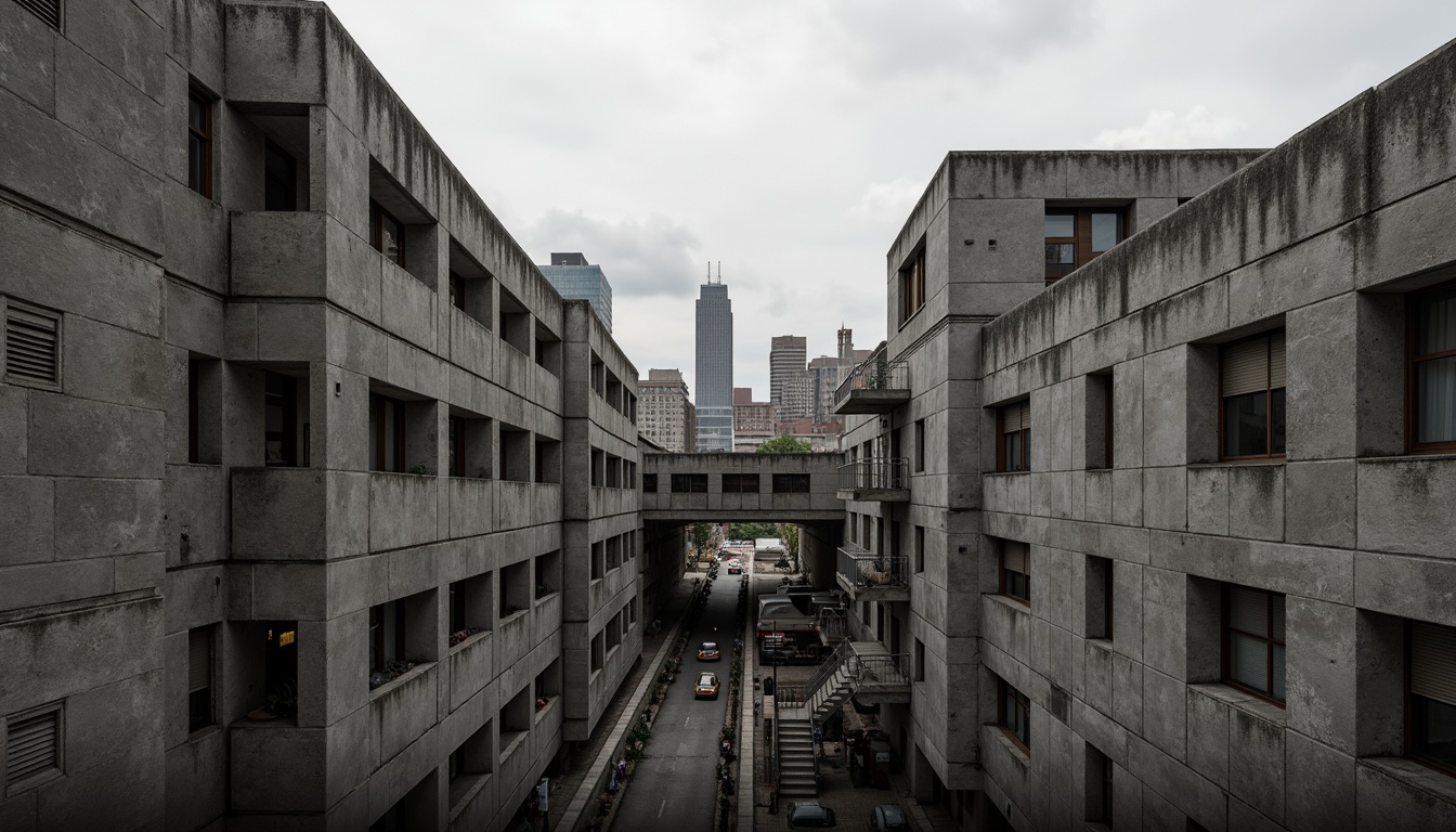 Prompt: Rugged brutalist architecture, monochromatic color scheme, raw concrete textures, industrial materials, bold geometric shapes, fortress-like structures, urban cityscape, overcast sky, dramatic shadows, high-contrast lighting, cinematic composition, gritty realistic render, detailed rough-hewn stone walls, weathered metal accents, muted earthy tones, cold brutalist atmosphere, intense brooding mood, avant-garde artistic style.