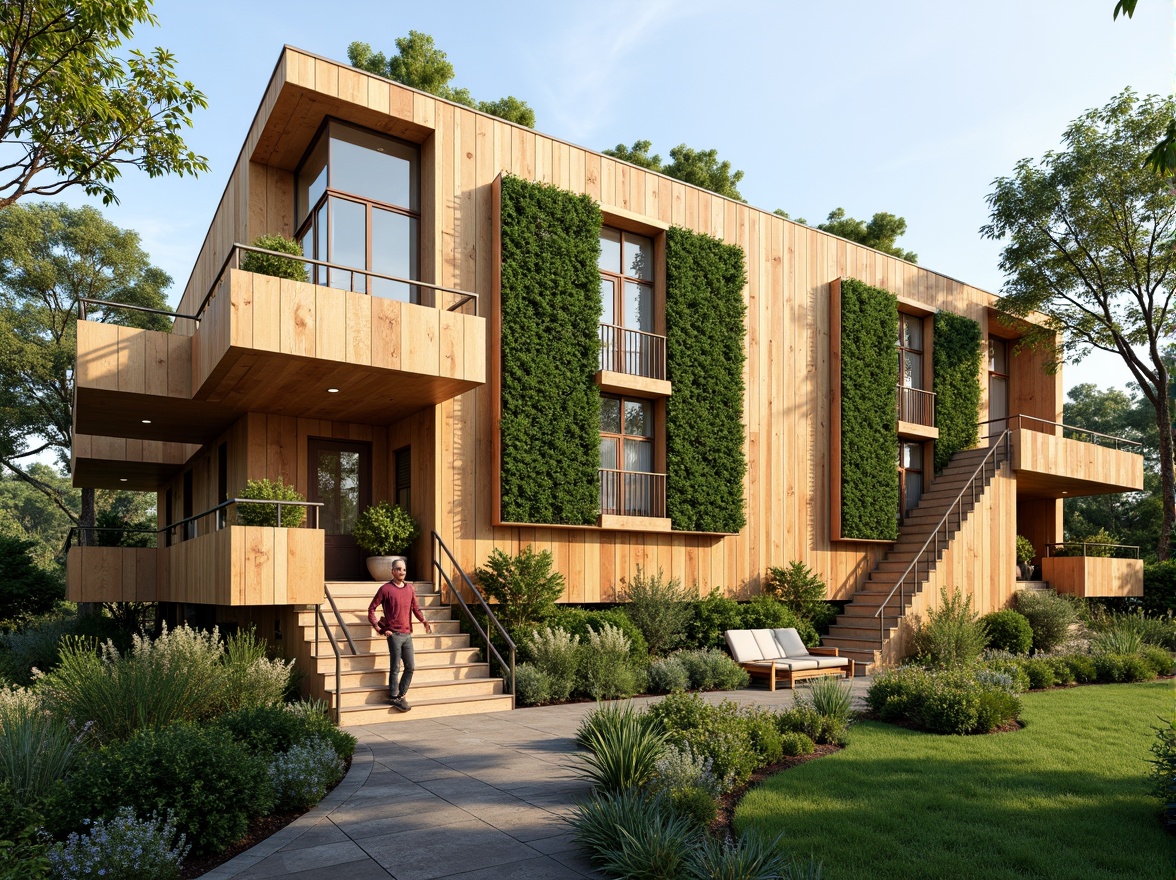 Prompt: Eco-friendly building, reclaimed wood facades, living green walls, solar panels, wind turbines, rainwater harvesting systems, low-carbon footprint, natural ventilation, large windows, clerestory windows, bamboo flooring, recycled metal beams, low-VOC paints, FSC-certified materials, passive house design, thermal mass walls, earthy color palette, organic shapes, minimalist decor, lush greenery, blooming plants, natural light, soft warm ambiance, 1/1 composition, realistic textures, ambient occlusion.