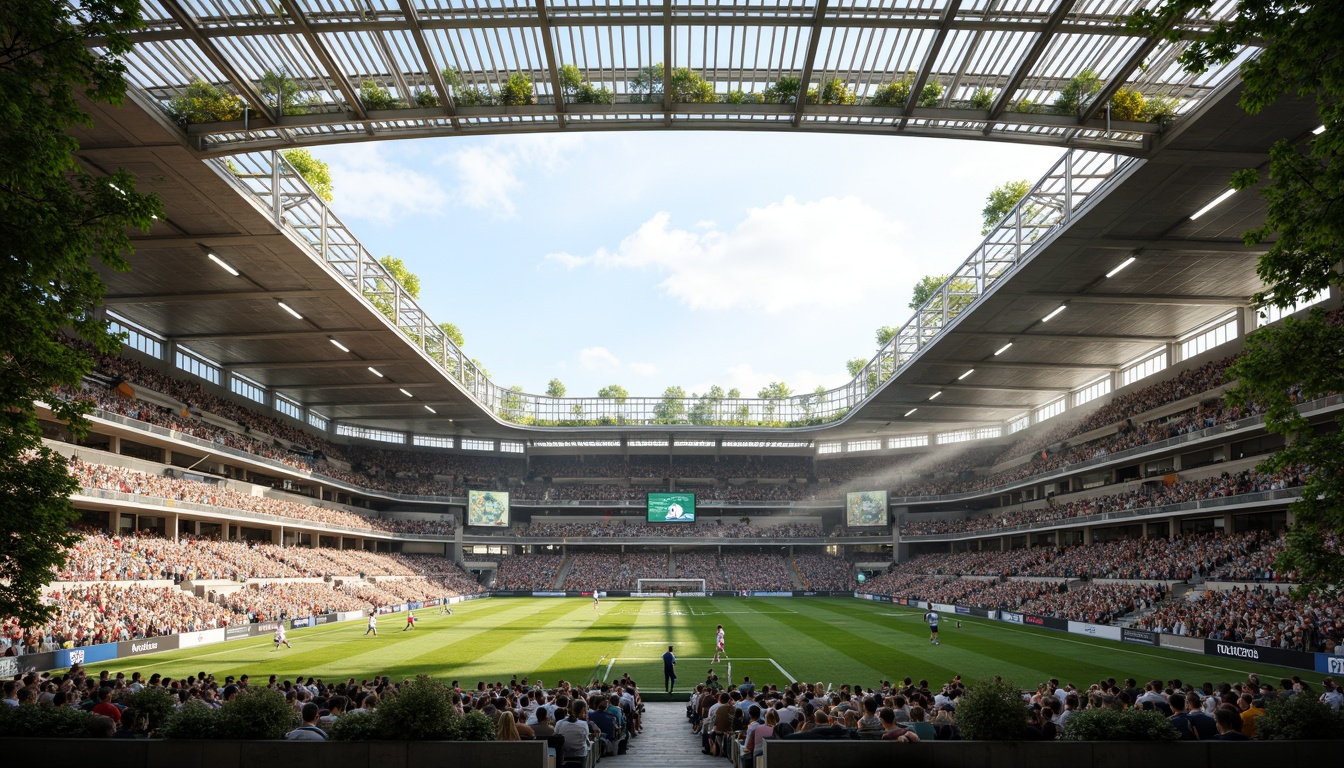 Prompt: Modern soccer stadium, open-air design, natural ventilation, wind tunnel effects, aerodynamic architecture, curved lines, cantilevered roofs, green roofs, living walls, vertical gardens, evaporative cooling systems, misting fans, shaded spectator areas, comfortable seating, clear visibility, unobstructed views, high ceilings, large windows, clerestory lighting, soft diffused light, warm color tones, dynamic crowd atmosphere, lively ambient sounds.