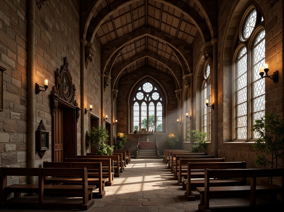 Prompt: Ancient stone church, rustic masonry textures, weathered walls, stained glass windows, grandiose arches, intricate carvings, ornate details, candlelit ambiance, dim warm lighting, soft focus, atmospheric perspective, 1/2 composition, dramatic shading, realistic reflections, subtle color grading.