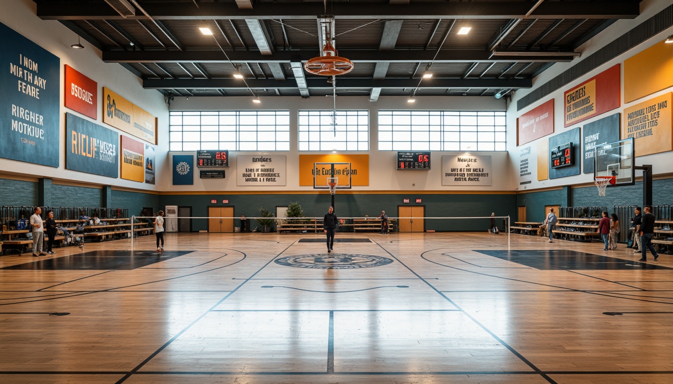 Prompt: Modern gymnasium interior, high ceilings, large windows, natural light, polished wood floors, sports equipment storage, mirrored walls, athletic tracks, basketball courts, volleyball nets, scoreboards, stadium seating, sound systems, motivational quotes, vibrant color schemes, metallic accents, industrial lighting, open spaces, functional layout, optimized traffic flow, minimal obstacles, ample ventilation, refreshing ambiance, softbox lighting, shallow depth of field, 2/3 composition.