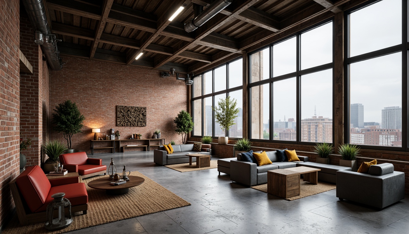 Prompt: Exposed brick walls, industrial metal beams, reclaimed wood accents, functional pipes, minimalist decor, geometric shapes, primary color palette, bold typography, urban cityscape, overcast sky, dramatic lighting, high contrast, 1/1 composition, symmetrical framing, raw concrete floors, steel windows, mechanical equipment, distressed textures, vintage machinery, abstract patterns, brutalist architecture, functional minimalism.