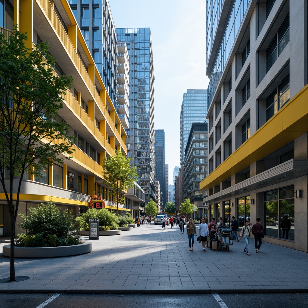 Prompt: Vibrant bus station, modern architecture, bold color scheme, bright yellow accents, deep blue tones, neutral gray backgrounds, stainless steel fixtures, sleek glass surfaces, urban cityscape, morning commute, soft natural light, shallow depth of field, 1/1 composition, realistic textures, ambient occlusion.