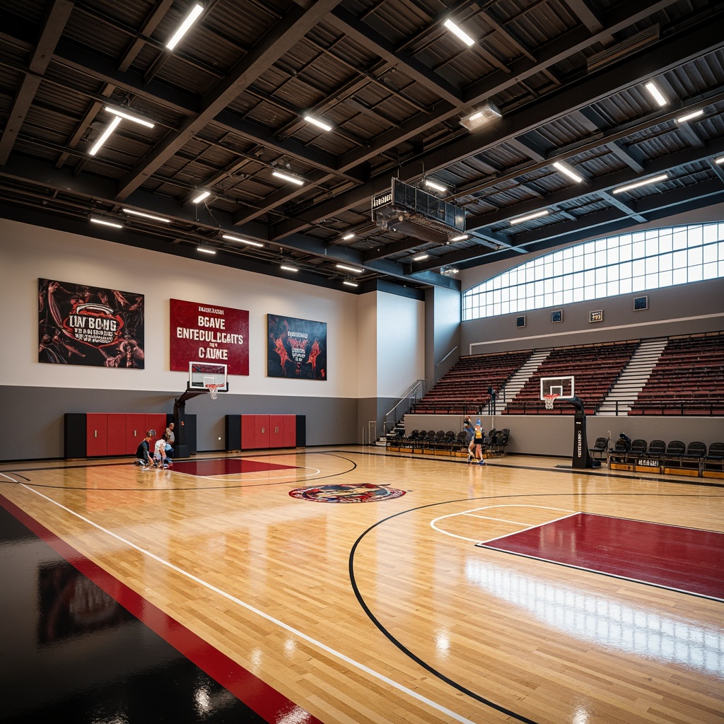 Prompt: Modern gymnasium interior, high ceilings, polished wooden floors, basketball hoops, sports equipment, athletic tracks, vibrant team colors, motivational quotes, ambient warm lighting, softbox lights, LED strips, diffused overhead lighting, floor-to-ceiling windows, natural daylight, 1/2 composition, shallow depth of field, realistic textures, subtle shadows.