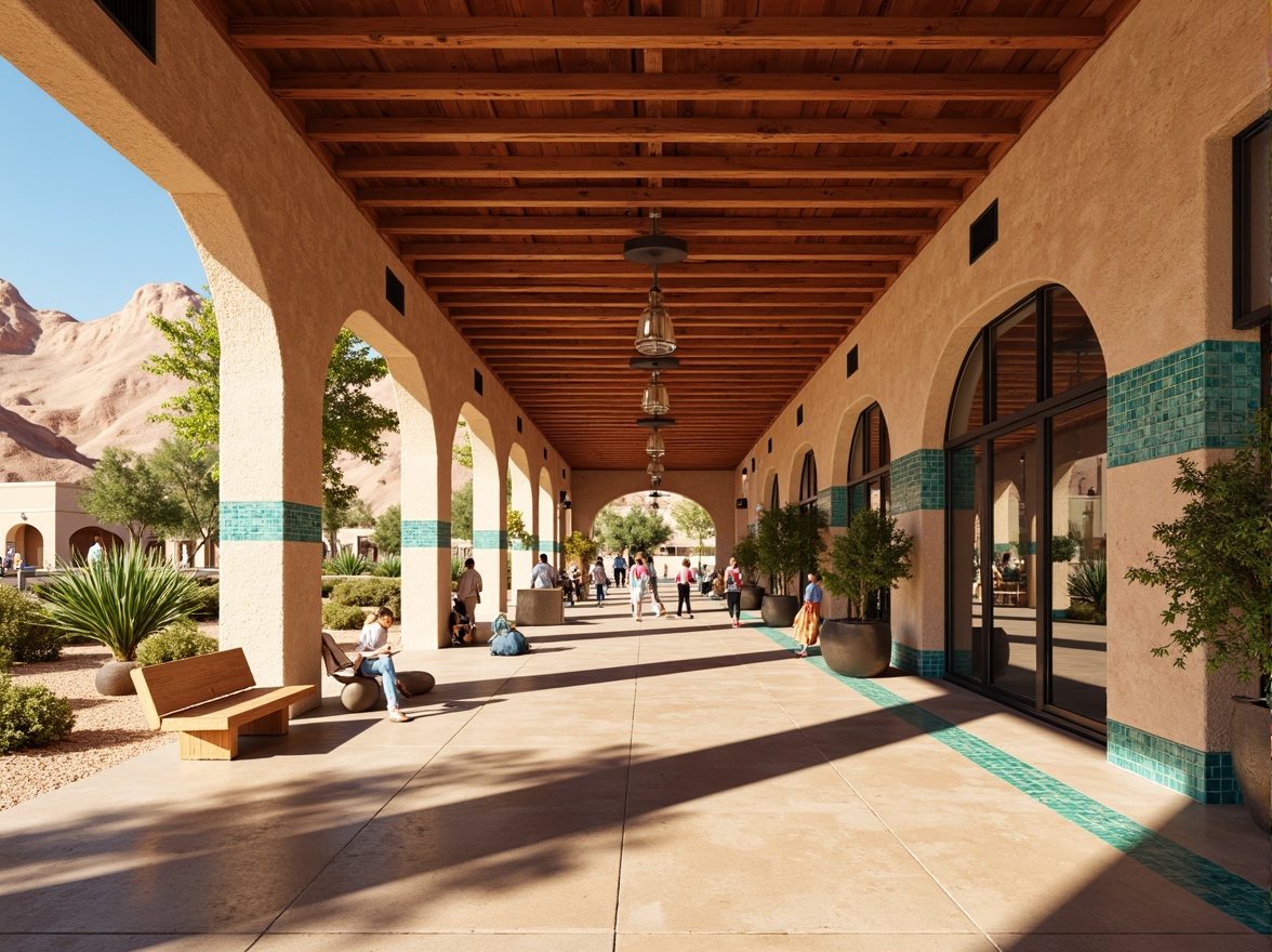 Prompt: \Vibrant desert metro station, earthy sandstone walls, terracotta accents, turquoise glass tiles, iridescent mosaics, warm beige flooring, sun-kissed metal beams, rustic wooden benches, cactus-inspired sculptures, soft warm lighting, shallow depth of field, 3/4 composition, panoramic view, realistic textures, ambient occlusion, natural rock formations, sandy dunes, hot sunny day, clear blue sky.\