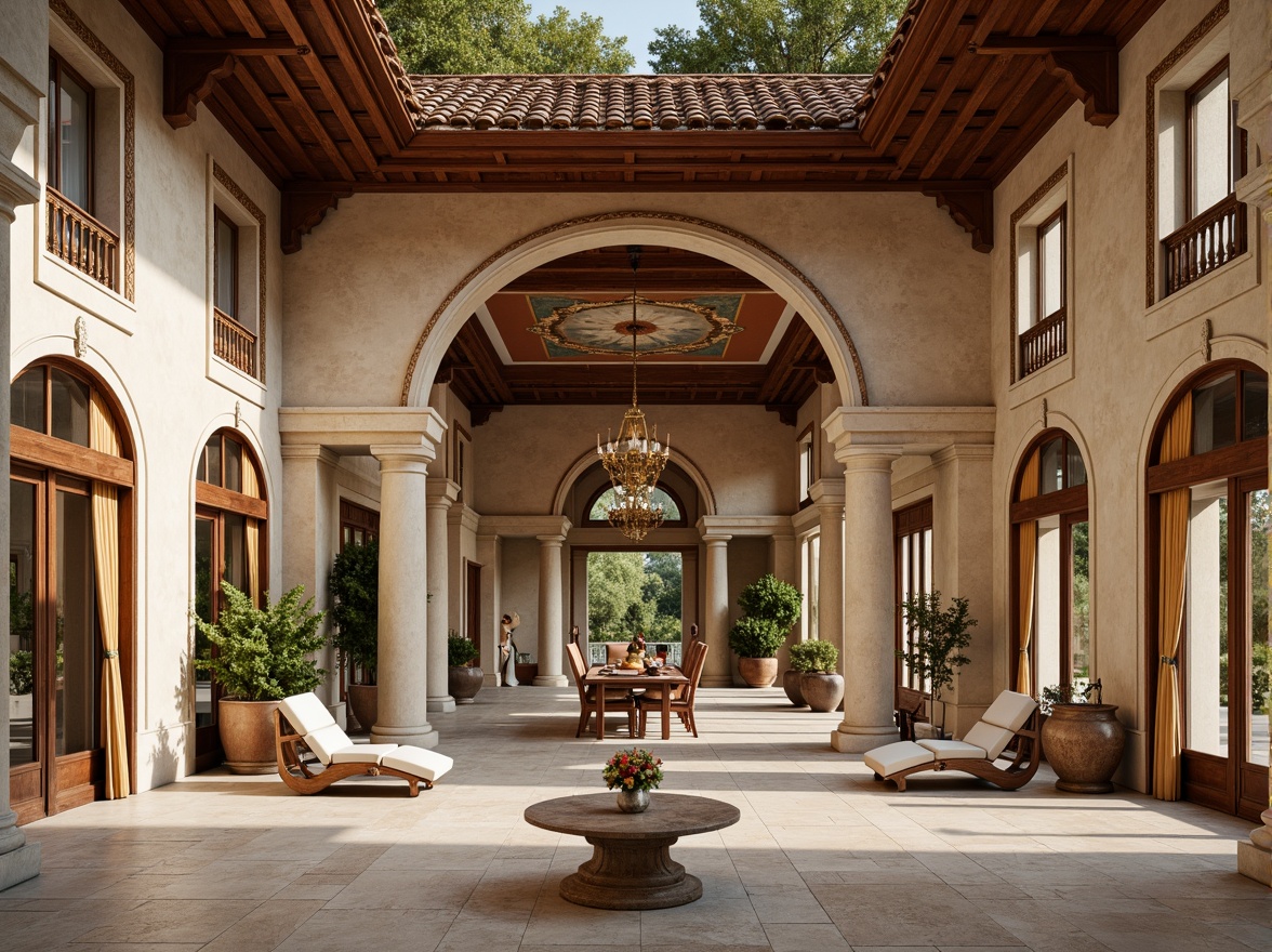 Prompt: Luxurious villa, Italian Renaissance style, travertine stone facades, terracotta roof tiles, rustic wooden doors, ornate ironwork balconies, carved marble columns, frescoed ceilings, intricate stucco moldings, warm beige walls, rich velvet drapes, antique furniture pieces, golden chandeliers, soft natural lighting, shallow depth of field, 3/4 composition, panoramic view, realistic textures, ambient occlusion.