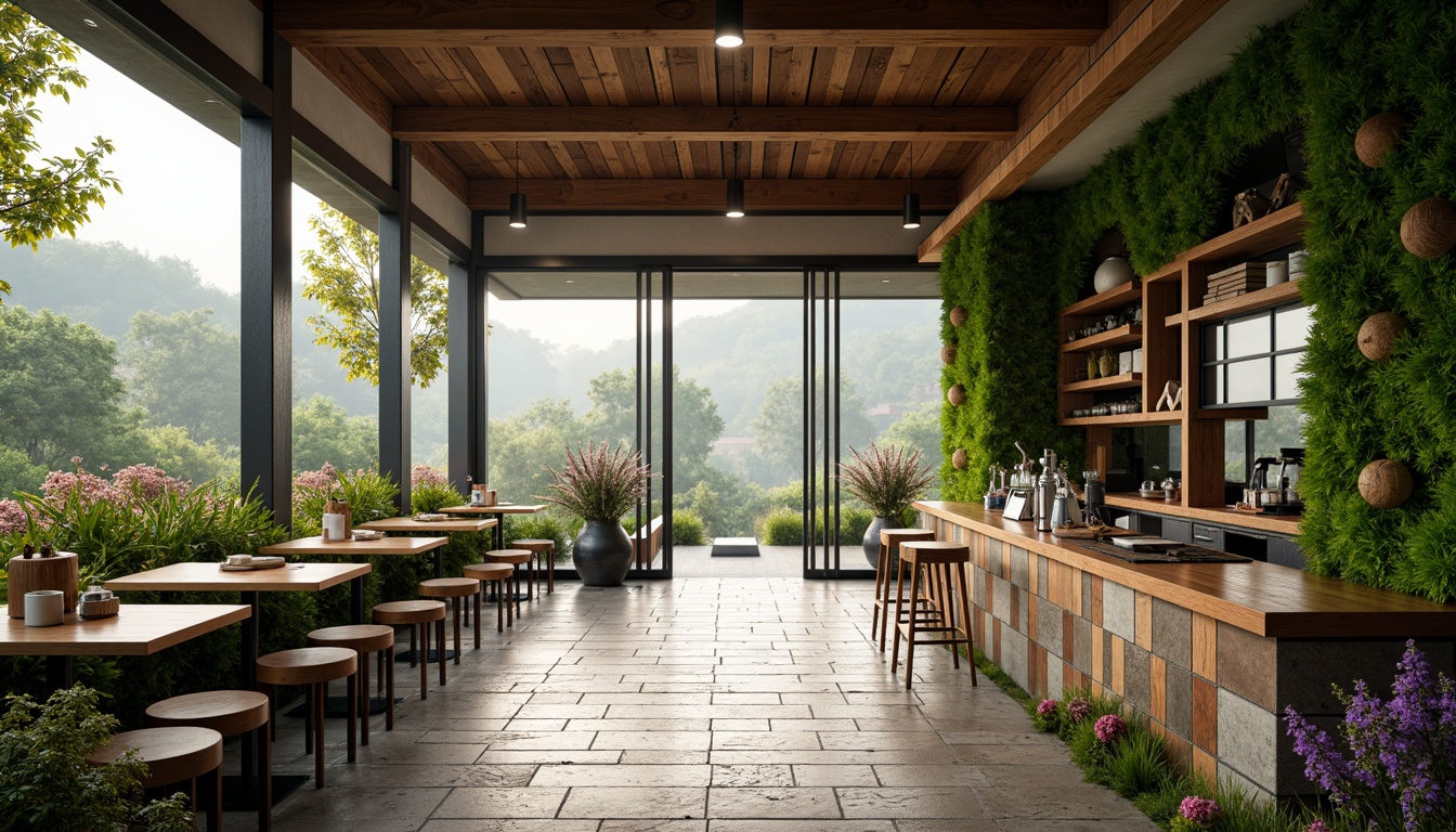 Prompt: Vibrant coffee shop, lush green walls, natural stone floors, reclaimed wood accents, floor-to-ceiling windows, sliding glass doors, outdoor seating area, surrounded by trees, blooming flowers, serene landscape views, misty morning atmosphere, soft warm lighting, shallow depth of field, 3/4 composition, panoramic view, realistic textures, ambient occlusion.