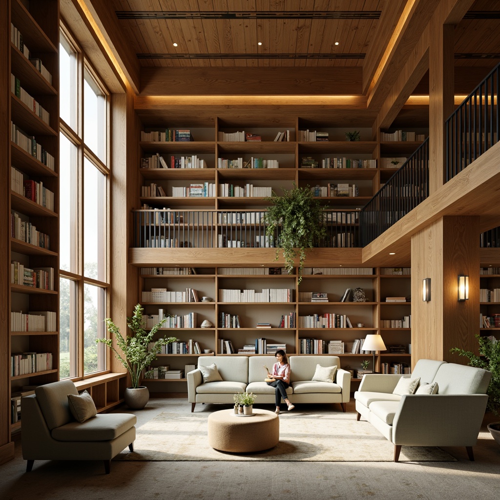 Prompt: Cozy library interior, warm wood accents, comfortable seating areas, bookshelves with ladders, reading nooks, soft carpet flooring, calming color palette, muted earth tones, sage greens, creamy whites, rich woods, natural light filtering, floor lamps, table lamps, warm glow lighting, shallow depth of field, 2/3 composition, realistic textures, ambient occlusion.