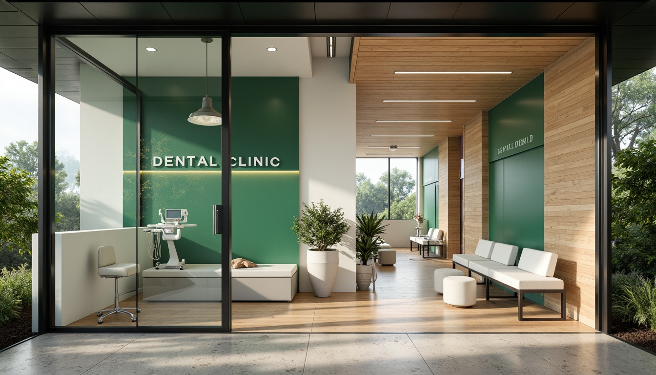 Prompt: Modern dental clinic, sleek glass facade, minimalist entrance, automatic sliding doors, polished chrome handles, LED signage, calming green walls, wooden accents, natural stone floors, high ceilings, large windows, abundant daylight, soft warm lighting, shallow depth of field, 3/4 composition, panoramic view, realistic textures, ambient occlusion, futuristic dental equipment, sleek medical furniture, sterile white surfaces, ergonomic waiting areas, comfortable seating, soothing color schemes, minimalist decor, innovative materials, sustainable building solutions.