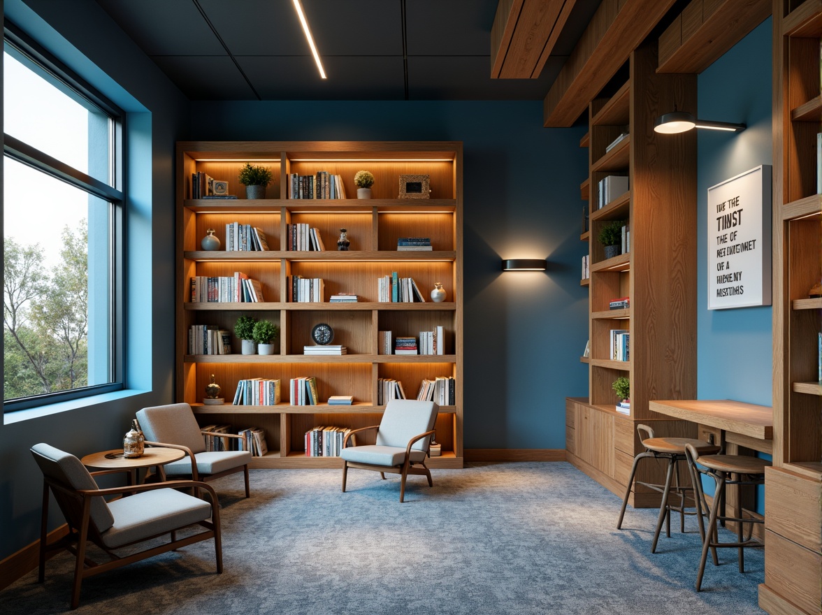 Prompt: Cozy reading nooks, warm wooden shelves, calming blue hues, earthy tones, natural light, comfortable seating areas, quiet study spaces, vibrant accent walls, inspirational quotes, modern minimalism, sleek metal fixtures, soft carpeting, subtle textures, warm task lighting, 1/1 composition, realistic materials, ambient occlusion.