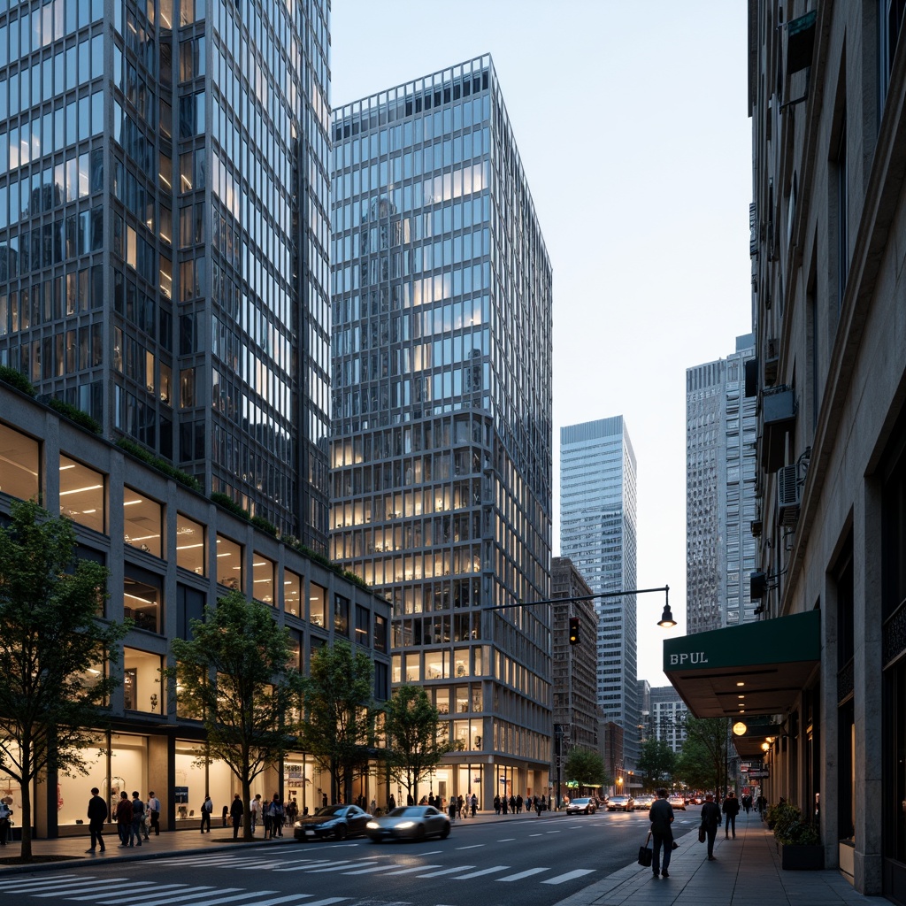 Prompt: Glass facades, steel frames, concrete structures, minimalist decor, sleek lines, industrial materials, urban cityscape, modern skyscrapers, busy streets, rush hour, soft natural lighting, shallow depth of field, 3/4 composition, panoramic view, realistic textures, ambient occlusion.