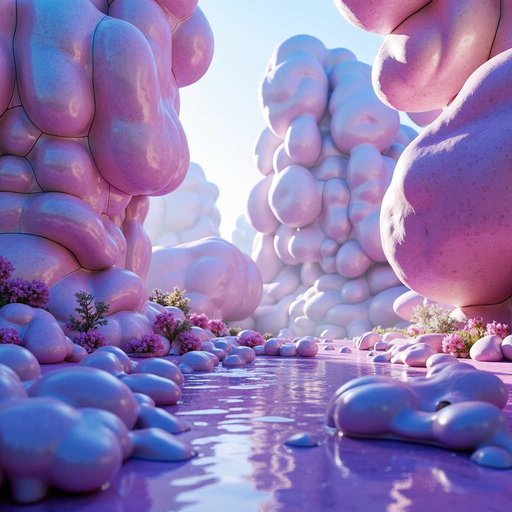 Prompt: Vibrant blob-like structures, iridescent hues, shimmering metallic surfaces, pastel colors, neon accents, glowing luminescent effects, soft misty atmosphere, dreamy surreal landscape, abstract organic forms, futuristic sci-fi environment, electric blue undertones, radiant white highlights, deep purple shadows, 3D rendering, high-contrast lighting, atmospheric perspective, stylized reflections.