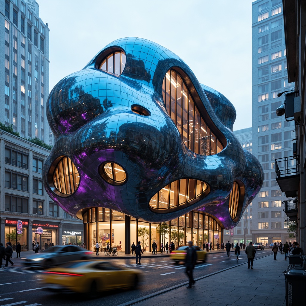 Prompt: Organic blob-shaped building, futuristic facade design, iridescent colors, glossy finishes, undulating curves, parametric architecture, dynamic shapes, fluid forms, amoeba-like structures, gleaming metal surfaces, LED light installations, neon-lit accents, fiber-optic decorations, misting systems, foggy atmosphere, shallow depth of field, 1/1 composition, close-up shot, dramatic lighting, high-contrast colors, futuristic urban landscape, cyberpunk cityscape.