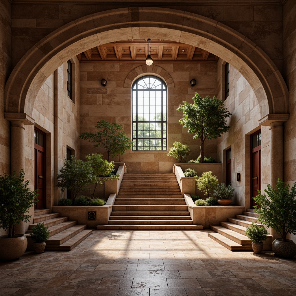 Prompt: Rustic stone fa\u00e7ade, arched windows, ornate doorways, classical columns, symmetrical composition, earthy color palette, regionalist architectural style, traditional bank building, grand entrance, sweeping staircases, intricately patterned flooring, richly textured walls, ambient warm lighting, soft focus, 1/1 composition, realistic rendering, detailed normal maps.