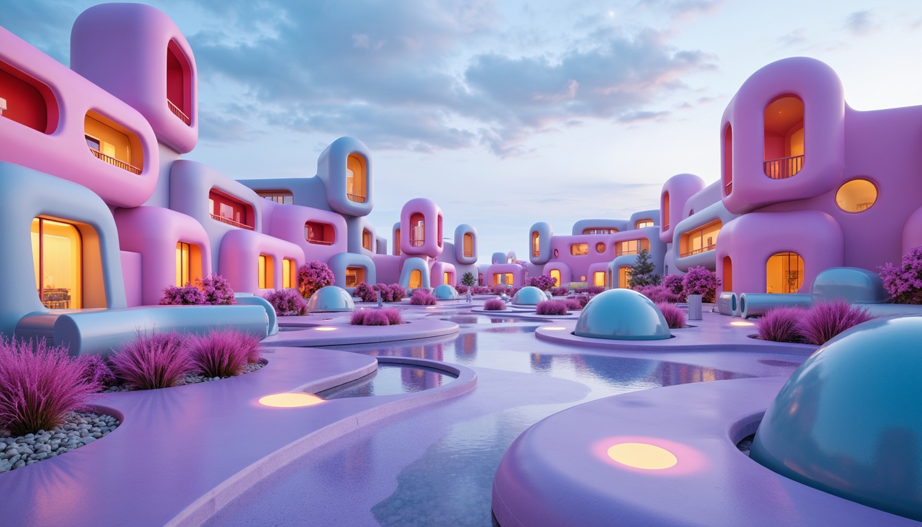 Prompt: Vibrant blob-like buildings, futuristic architecture, iridescent colors, neon hues, pastel shades, gradient effects, glowing accents, luminescent materials, metallic finishes, holographic textures, 3D modeling, abstract forms, playful shapes, whimsical designs, dreamy landscapes, cloudy skies, soft focus, shallow depth of field, 1/1 composition, cinematic lighting, atmospheric mist.