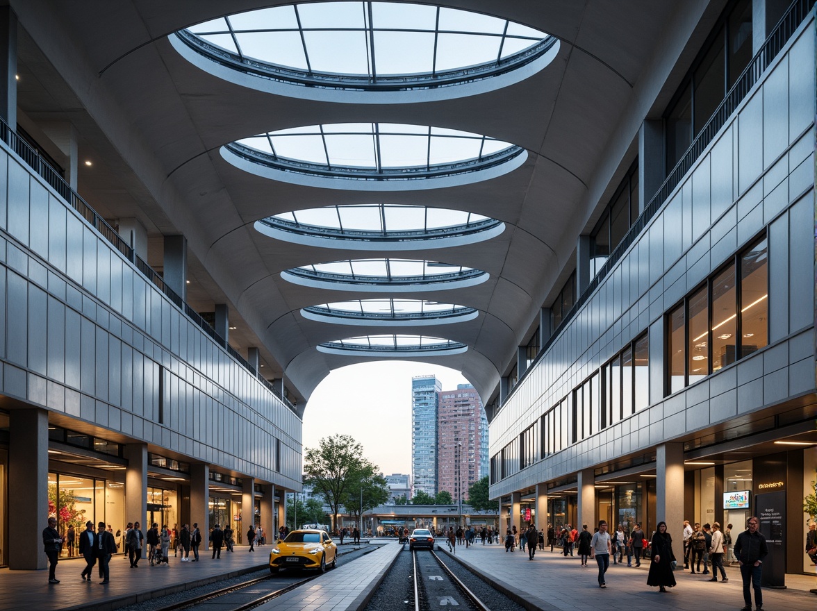 Prompt: Sleek train station fa\u00e7ade, streamline modern architecture, silver metallic panels, curved glass roofs, futuristic LED lighting, urban cityscape, bustling streets, morning rush hour, dynamic angular lines, minimalist design, polished chrome accents, geometric patterns, industrial materials, exposed ductwork, airy interior spaces, natural stone flooring, warm ambient lighting, shallow depth of field, 2/3 composition, panoramic view, realistic reflections, subtle atmospheric fog.