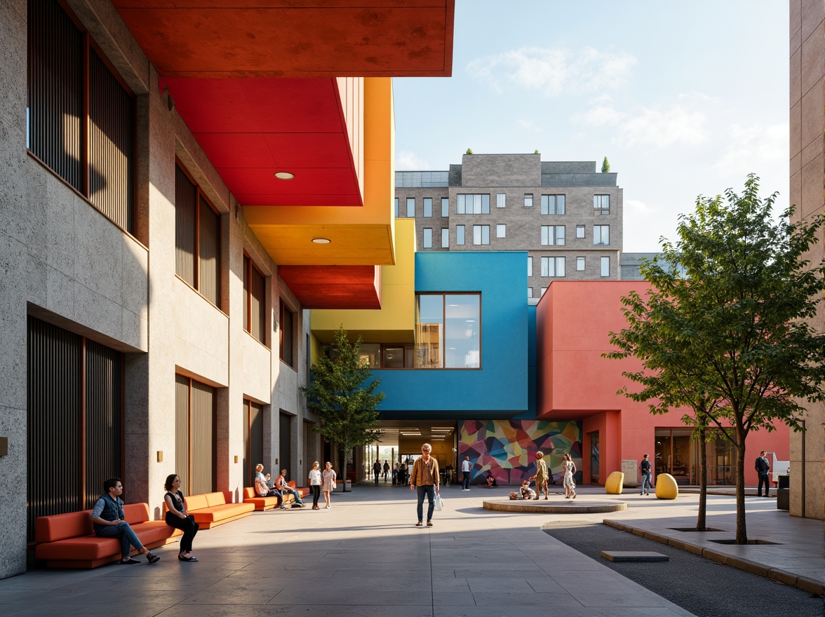 Prompt: Vibrant youth center, constructivist architecture, bold geometric shapes, bright primary colors, textured concrete walls, angular metal frames, minimalist windows, abstract murals, urban cityscape, afternoon sunlight, high contrast lighting, shallow depth of field, 2/3 composition, realistic textures, ambient occlusion.