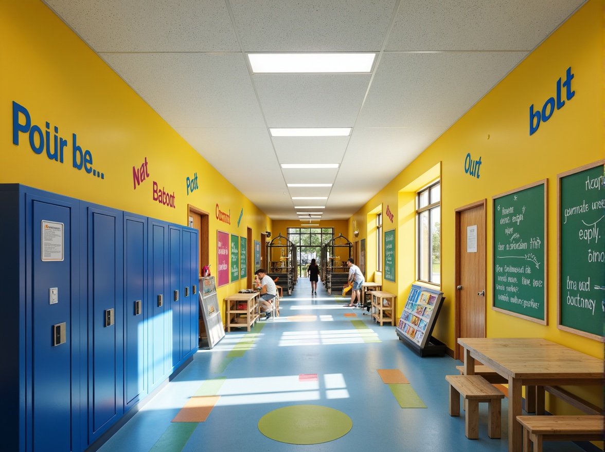 Prompt: Vibrant elementary school, playful corridors, bright yellow walls, bold blue lockers, green chalkboards, colorful murals, interactive whiteboards, ergonomic furniture, natural wood accents, lively canteen, outdoor playground, climbing structures, educational charts, inspirational quotes, modern architectural design, abundant natural light, shallow depth of field, 1/1 composition, softbox lighting, realistic textures.