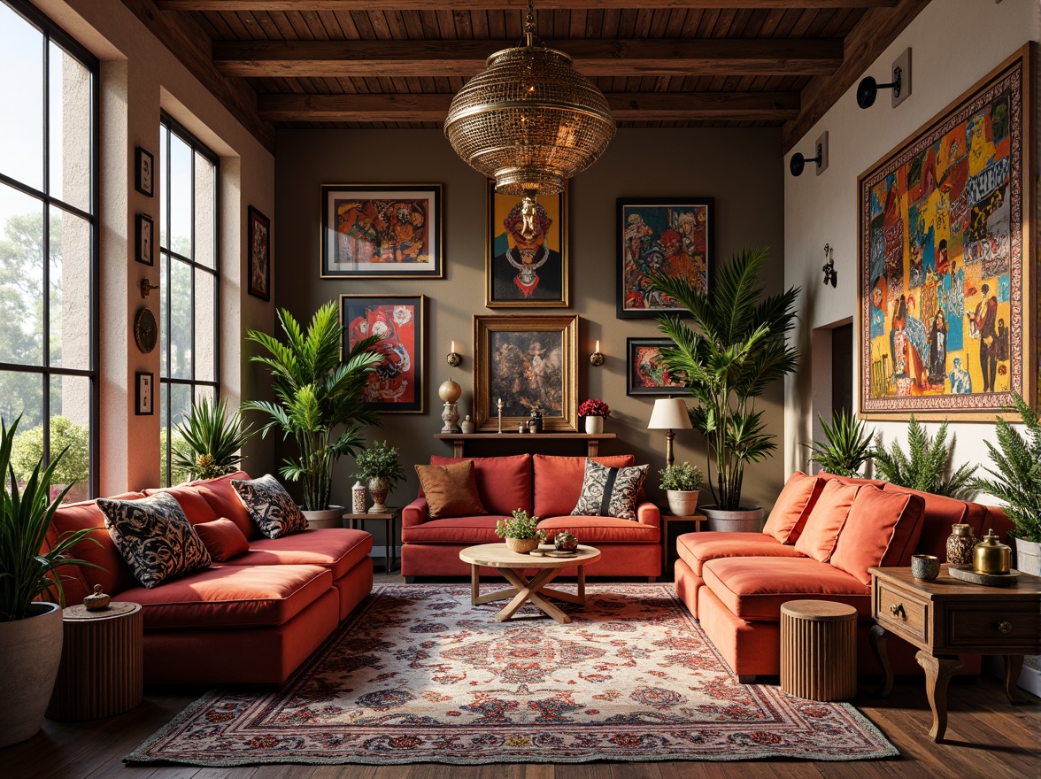 Prompt: Vibrant bohemian interior, mix-and-match furniture, bold colorful patterns, vintage decorative accents, unconventional textures, ornate metallic fixtures, eclectic art pieces, distressed wood floors, plush velvet upholstery, Moroccan-inspired tiles, lush greenery, natural light pouring in, shallow depth of field, 1/1 composition, warm soft focus, realistic renderings.