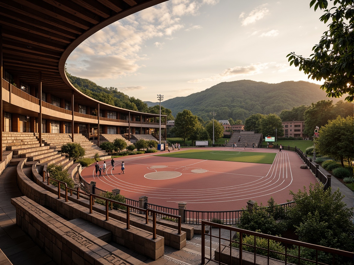 Prompt: Traditional stadium, curved lines, natural stone walls, wooden accents, earthy color palette, vibrant greenery, lush landscapes, rolling hills, scenic views, cultural heritage, nostalgic ambiance, warm sunset lighting, shallow depth of field, 1/2 composition, panoramic view, realistic textures, ambient occlusion, grandstand seating, athletic tracks, sports equipment, scoreboard displays, floodlighting systems, rustic wooden benches, ornate metal railings, regional architectural influences.