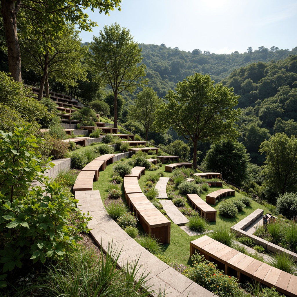 Prompt: Green hillside, natural stone seating, lush vegetation, curved amphitheater design, modern architecture, sleek metal railings, wooden benches, integrated landscape elements, eco-friendly materials, sustainable water features, rainwater harvesting systems, native plant species, blooming flowers, vibrant colorful textiles, intricate geometric patterns, warm sunny day, soft warm lighting, shallow depth of field, 3/4 composition, panoramic view, realistic textures, ambient occlusion.