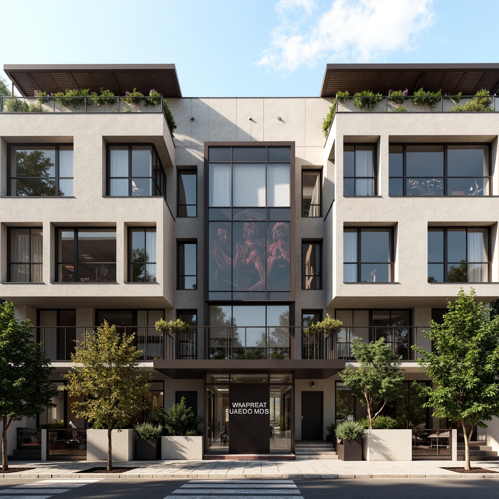 Prompt: Geometric building facade, asymmetrical composition, rectangular windows, industrial metal frames, cantilevered roofs, functionalist architecture, minimal ornamentation, primary color scheme, bold typography, abstract murals, urban cityscape, modernist aesthetic, clean lines, minimalist decor, functional simplicity, brutalist concrete walls, glass brick details, 1/1 composition, high-contrast lighting, dramatic shadows, realistic materials, ambient occlusion.