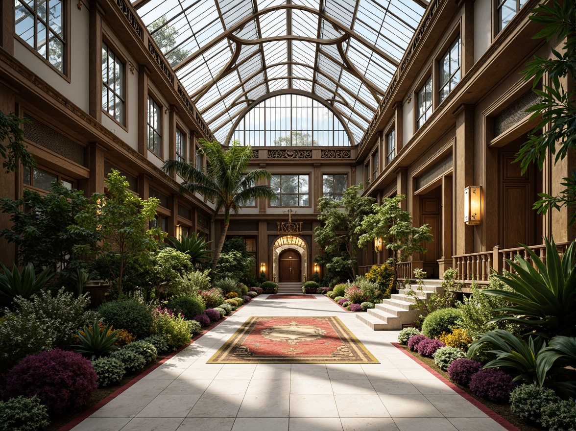 Prompt: Luxurious greenhouse interior, ornate metal framework, geometric patterned glass roofs, vibrant tropical plants, exotic flowers, polished marble floors, intricate wooden panels, bronze decorative accents, lavish chandeliers, soft warm lighting, 1/1 composition, shallow depth of field, realistic textures, ambient occlusion, Art Deco inspired design elements, glamorous metallic materials, opulent fabrics, richly patterned rugs.