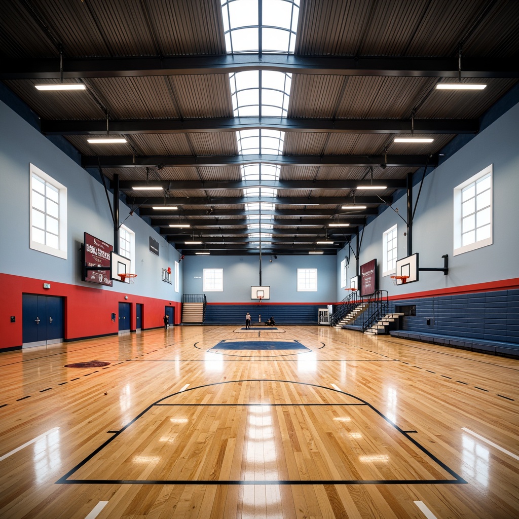 Prompt: Modern gymnasium interior, high ceilings, polished wooden floors, athletic equipment, basketball hoops, scoreboards, bleachers, vibrant color schemes, dynamic LED lighting, suspended luminaires, indirect cove lighting, energy-efficient solutions, motion sensors, daylight harvesting systems, clerestory windows, translucent panels, softbox diffusers, uniform ambient illumination, high-contrast accents, 3-point lighting setups, cinematic camera angles, shallow depth of field, realistic reflections.