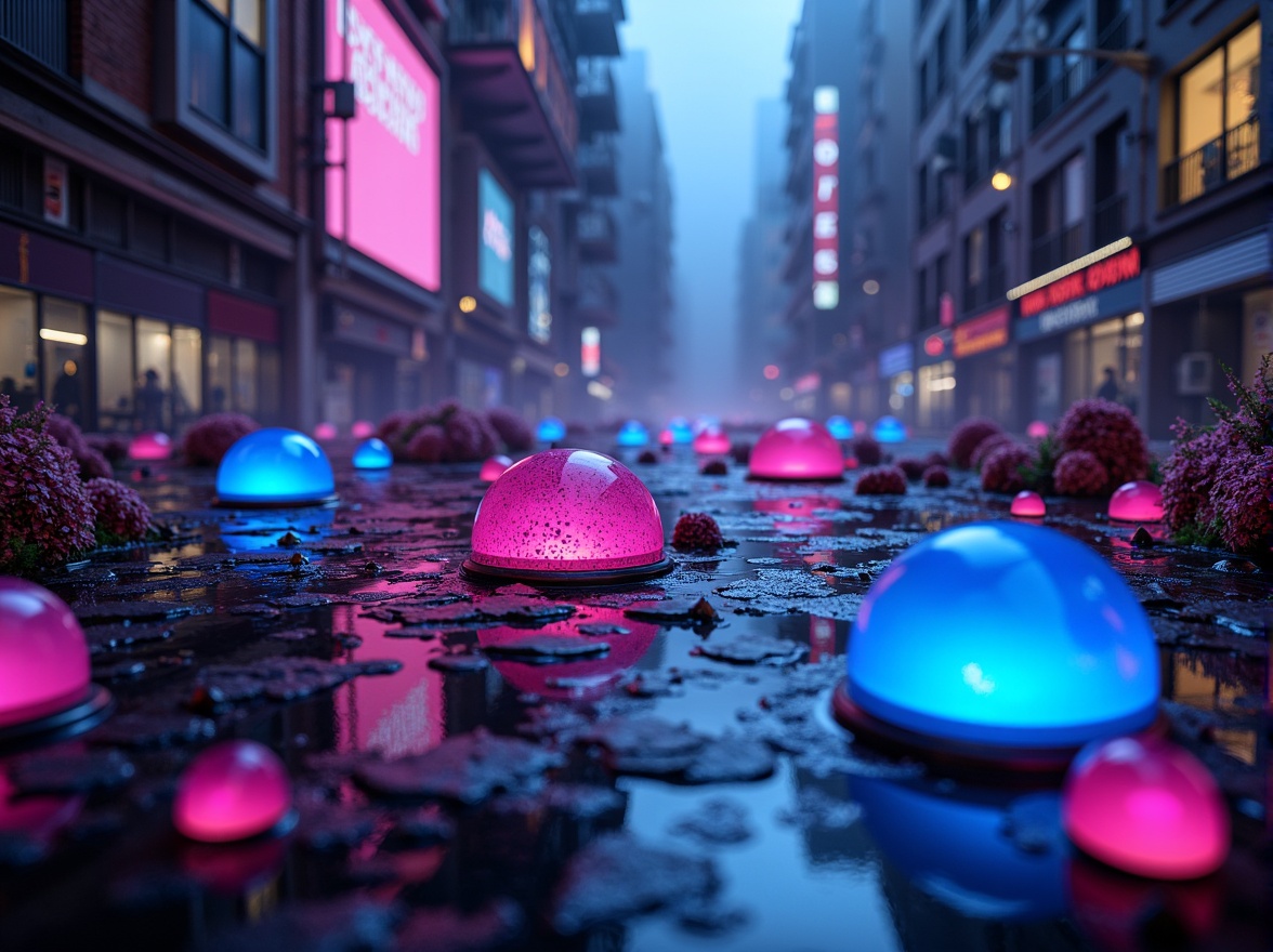 Prompt: Vibrant neon colors, glowing accents, futuristic blobs, iridescent sheen, holographic effects, metallic surfaces, LED lights, electric blue hues, hot pink accents, glossy finishes, reflective materials, cyberpunk aesthetic, dark backgrounds, neon-lit cityscapes, dystopian atmosphere, abstract shapes, 3D modeling, low-poly design, sci-fi inspirations, atmospheric lighting, misty fog effects, cinematic compositions.