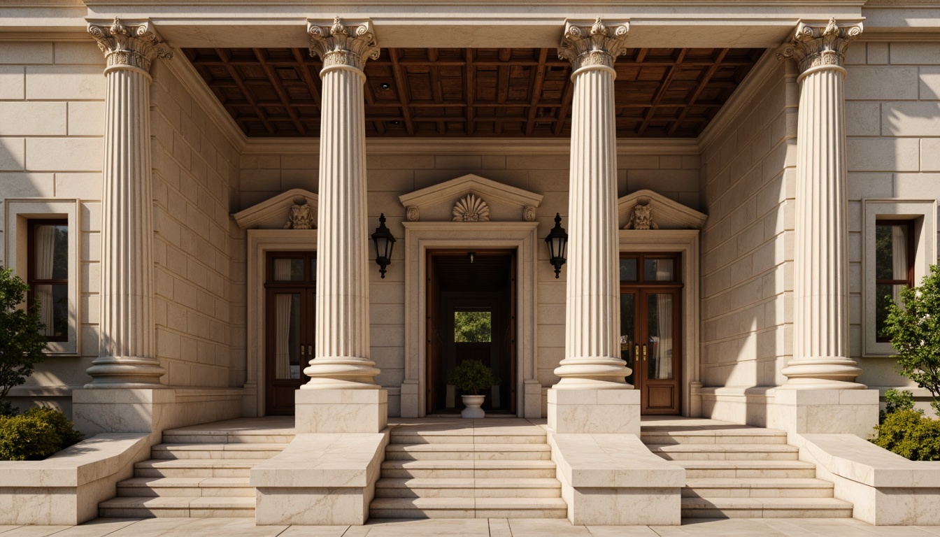 Prompt: Elegant column, ornate capitals, fluted shafts, carved marble bases, symmetrical arrangement, grand entrance, imposing facade, classical proportions, rusticated stone walls, decorative pilasters, intricate moldings, subtle arches, refined details, warm beige tones, soft chiaroscuro lighting, atmospheric perspective, 1/1 composition, realistic textures, ambient occlusion.