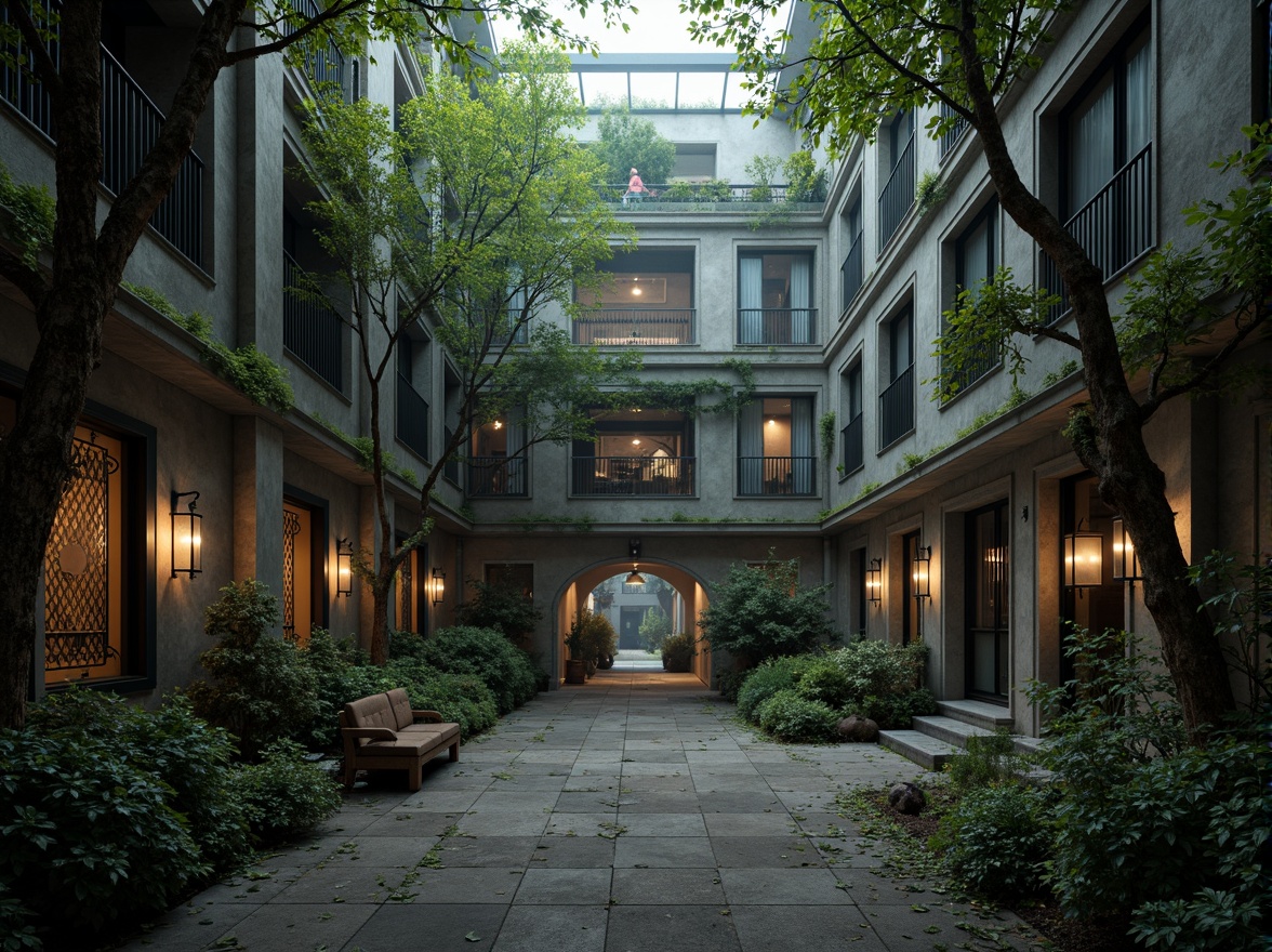 Prompt: Mysterious office courtyard, overgrown ivy, twisted tree branches, eerie lanterns, weathered stone walls, pointed arches, intricate carvings, moss-covered statues, foggy atmosphere, dim warm lighting, shallow depth of field, 1/2 composition, realistic textures, ambient occlusion, ornate iron gates, mysterious alleyways, dark wooden benches, ancient ruins-inspired architecture, grand entrance halls, high ceilings, stained glass windows, heavy drapery, luxurious furnishings.