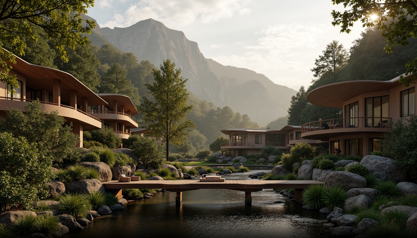 Prompt: Mountainous backdrop, lush green forests, winding trails, rustic wooden bridges, serene waterfalls, natural stone walls, curved architecture, earthy tones, organic forms, cantilevered roofs, floor-to-ceiling windows, sliding glass doors, panoramic views, misty atmosphere, warm golden lighting, 1/2 composition, atmospheric perspective, realistic foliage, ambient occlusion.