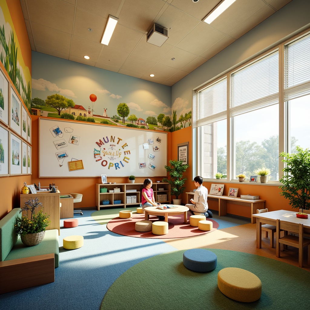 Prompt: Vibrant kindergarten, bright primary colors, playful murals, interactive whiteboards, comfortable carpeted floors, cozy reading nooks, educational posters, stimulating play areas, collaborative learning spaces, modern minimalist furniture, eco-friendly materials, abundant natural light, soft warm glow, shallow depth of field, 1/1 composition, realistic textures, ambient occlusion.