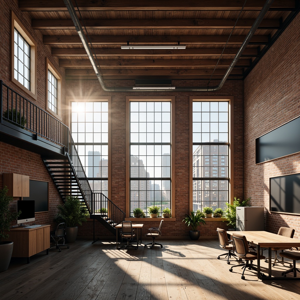 Prompt: Industrial chic loft, exposed brick walls, wooden beam ceilings, large windows, natural light pouring in, metal staircases, minimalist decor, modern academic atmosphere, sleek blackboards, wooden desks, ergonomic chairs, potted green plants, reclaimed wood floors, urban cityscape views, warm afternoon sunbeams, soft diffused lighting, shallow depth of field, 2/3 composition, realistic textures, ambient occlusion.