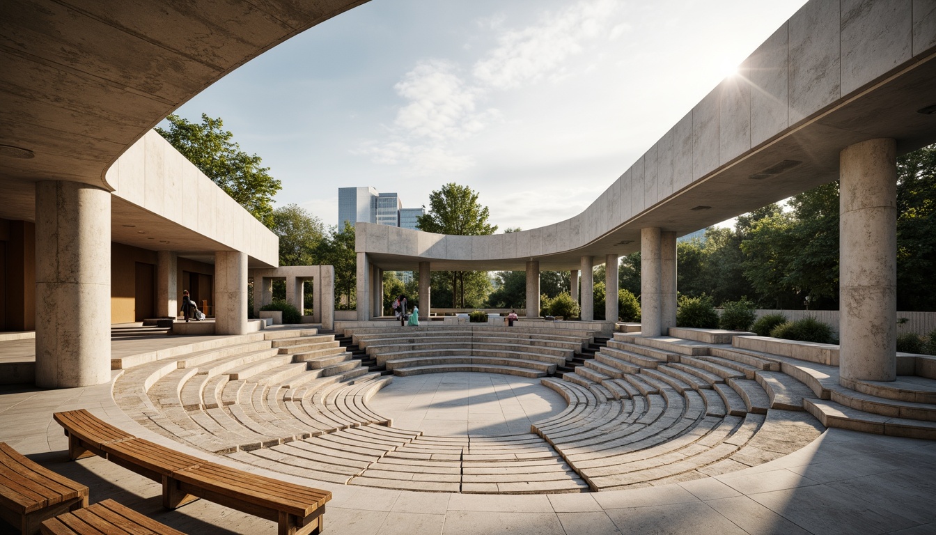 Prompt: Sleek amphitheater, curved tiered seating, modernist architecture, bold concrete structures, minimalist design, open-air setting, natural stone flooring, wooden benches, stainless steel handrails, subtle ambient lighting, warm afternoon sunlight, shallow depth of field, 1/2 composition, panoramic view, realistic textures, ambient occlusion.