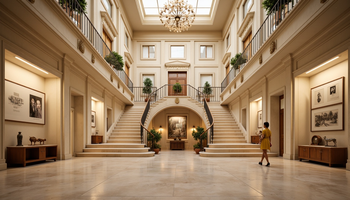 Prompt: Elegant museum interior, grand staircase, ornate balustrades, polished marble floors, cream-colored walls, high ceilings, intricate moldings, classical columns, refined chandeliers, warm soft lighting, subtle shadows, dramatic spotlights, gentle ambient illumination, LED display cases, glass shelves, artifact displays, academic atmosphere, sophisticated color palette, subtle textures, shallow depth of field, 1/2 composition, realistic renderings.