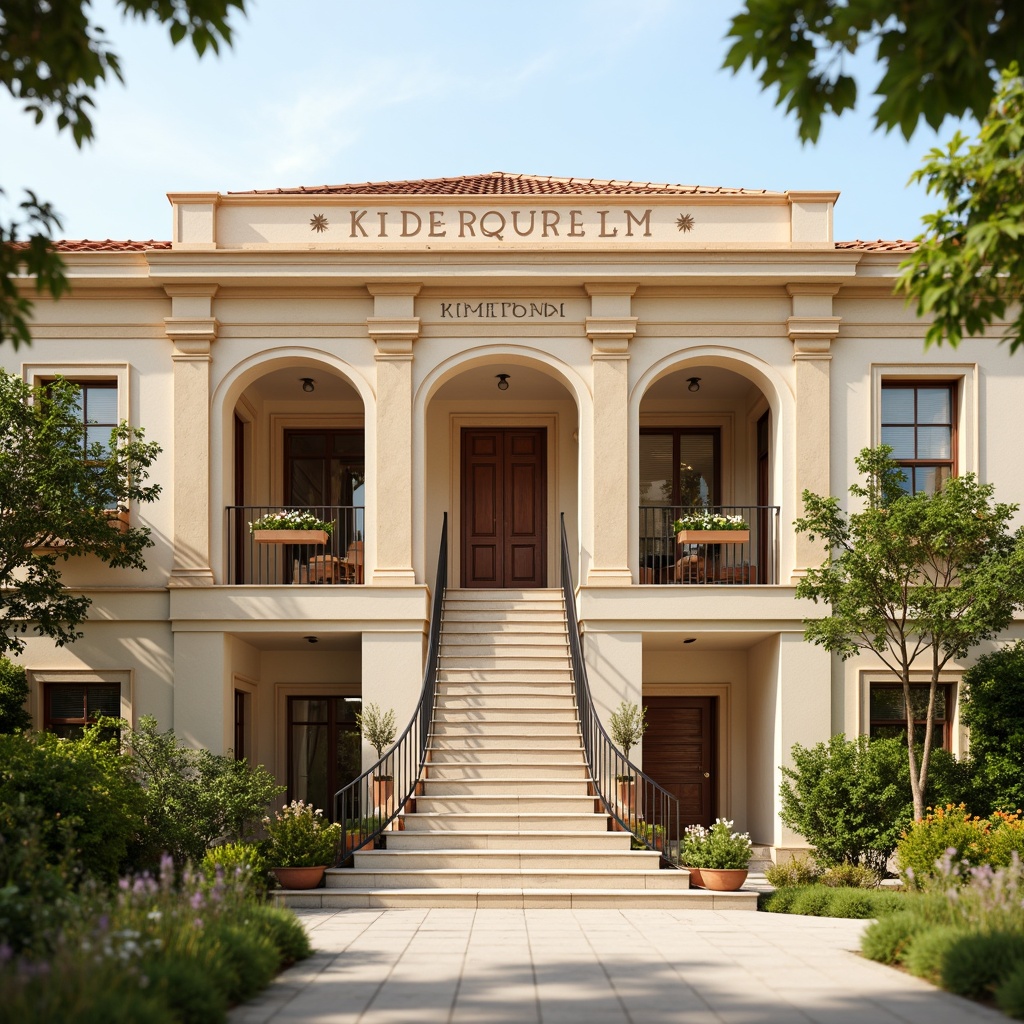 Prompt: Warm beige kindergarten facade, classical pilasters, ornate entrance doors, soft rounded arches, cream-colored walls, red-tiled roof, lush greenery, vibrant flower boxes, wrought iron railings, wooden shutters, subtle stone carvings, gentle natural light, shallow depth of field, 1/1 composition, symmetrical view, realistic textures, ambient occlusion.