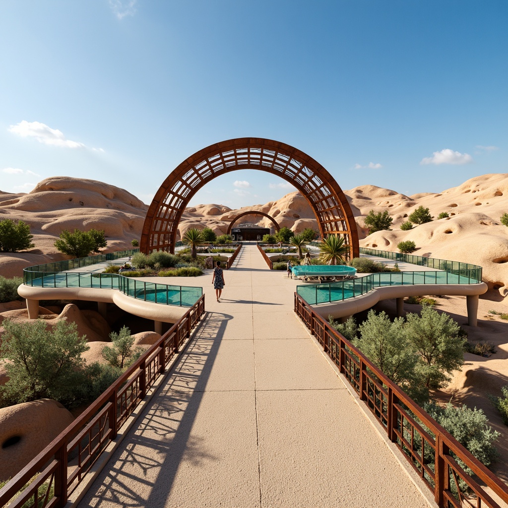 Prompt: Desert-inspired bridge, sweeping curves, rust-colored steel arches, textured concrete piers, sandy beige walkways, iridescent glass railings, intricate metal latticework, cantilevered observation decks, misting systems, Arabic-inspired geometric patterns, vibrant turquoise accents, sustainable energy harvesting systems, solar panels, wind turbines, water conservation features, green roofs, eco-friendly construction materials, innovative cooling technologies, dramatic desert landscape, clear blue sky, hot sunny day, shallow depth of field, 3/4 composition, panoramic view.