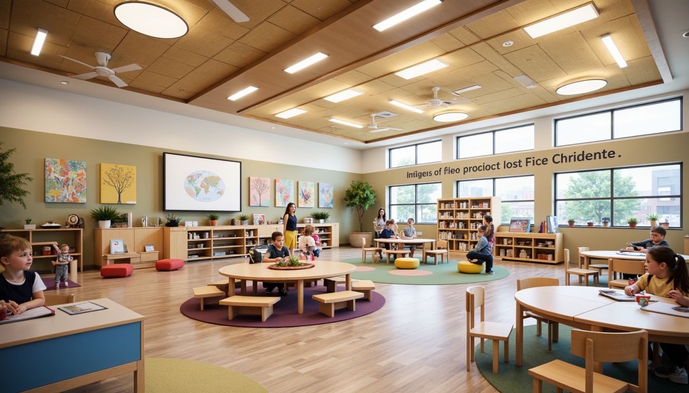 Prompt: Vibrant elementary school interior, colorful learning zones, collaborative open spaces, ergonomic student desks, comfortable teacher stations, interactive whiteboards, dynamic lighting systems, eco-friendly flooring materials, acoustic ceiling panels, minimalist shelving units, rounded corner tables, flexible seating arrangements, educational wall graphics, inspirational quote decals, warm beige color schemes, natural wood accents, soft area rugs, calm atmospheric ambiance, shallow depth of field, 1/2 composition, realistic textures.