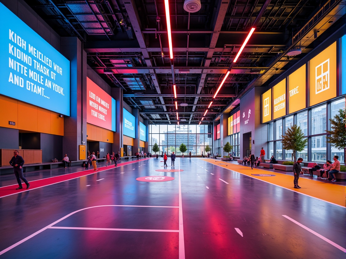 Prompt: Vibrant gymnasium interior, bold color scheme, dynamic lighting, sleek metallic equipment, modernist architecture, polished concrete floors, bright accent walls, energetic atmosphere, motivational quotes, athletic tracks, sports facilities, high ceilings, large windows, natural ventilation, urban landscape views, industrial-chic aesthetic, edgy geometric shapes, bold typography, futuristic ambiance, dramatic shadows, 1/2 composition, low-angle shot, cinematic lighting.