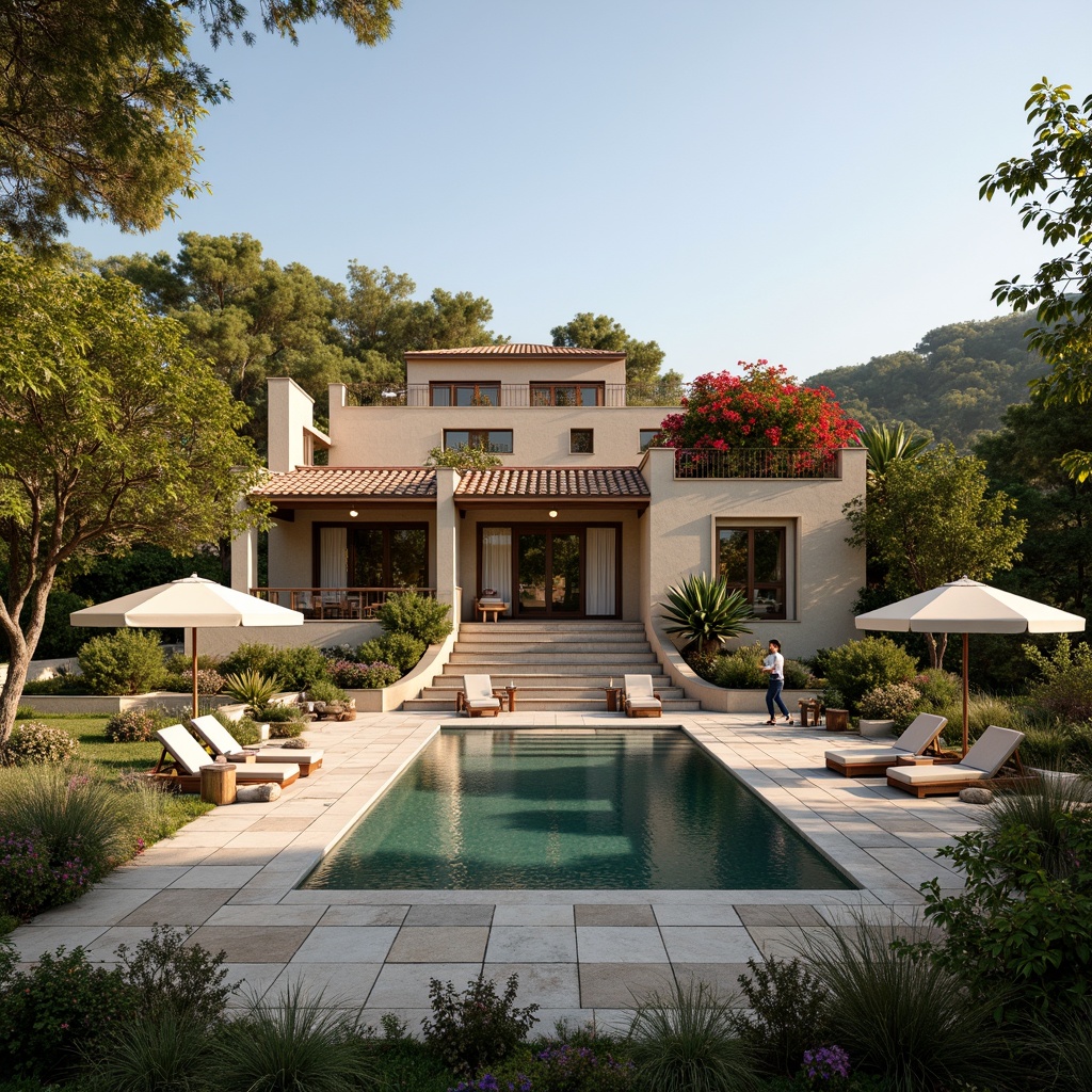 Prompt: Soothing villa exterior, Mediterranean-style architecture, earthy tones, warm beige walls, rustic terracotta roofs, lush greenery surroundings, vibrant bougainvillea flowers, tranquil pool area, natural stone paving, wooden deck chairs, soft cream-colored umbrellas, warm golden lighting, shallow depth of field, 1/2 composition, realistic textures, ambient occlusion.