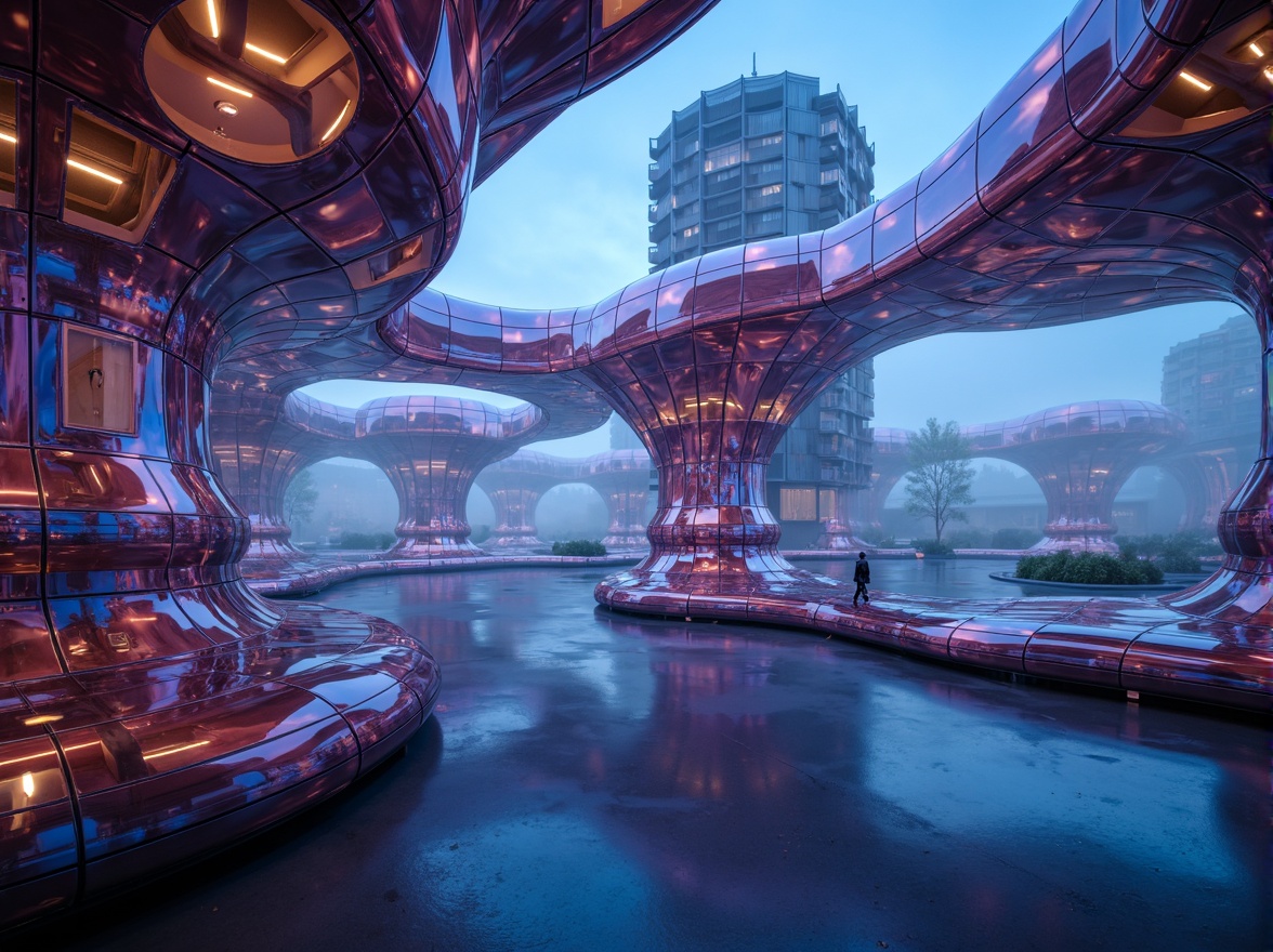 Prompt: Iridescent blob-like structures, glossy metallic finishes, matte black accents, translucent glass panels, iridescent acrylic surfaces, LED light installations, neon-lit interiors, futuristic ambiance, extraterrestrial landscapes, misty foggy atmosphere, soft gradient lighting, shallow depth of field, 1/2 composition, close-up shots, realistic reflections, ambient occlusion, high-tech materials, innovative manufacturing processes.