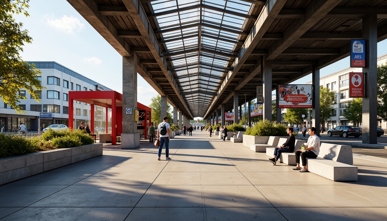 Prompt: Vibrant bus station, industrial chic aesthetic, exposed metal beams, polished concrete floors, glass roofs, natural ventilation, abundant daylight, urban landscape, bustling city streets, modern transportation hub, sleek bus shelters, LED lighting systems, dynamic signage, stainless steel benches, waiting areas, public art installations, green walls, living plants, warm color schemes, shallow depth of field, 1/2 composition, realistic textures, ambient occlusion.