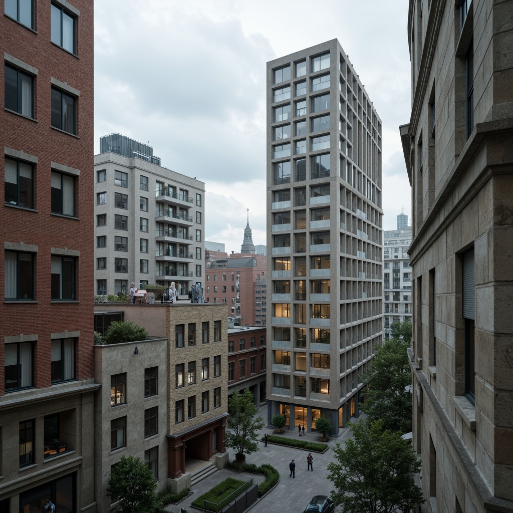 Prompt: Rugged brutalist buildings, raw concrete textures, industrial materials, bold color palette, muted earth tones, cold blue hues, warm beige accents, stark contrast, dramatic shadows, angular forms, geometric patterns, urban cityscape, overcast skies, diffused natural light, 3/4 composition, realistic renderings, ambient occlusion.