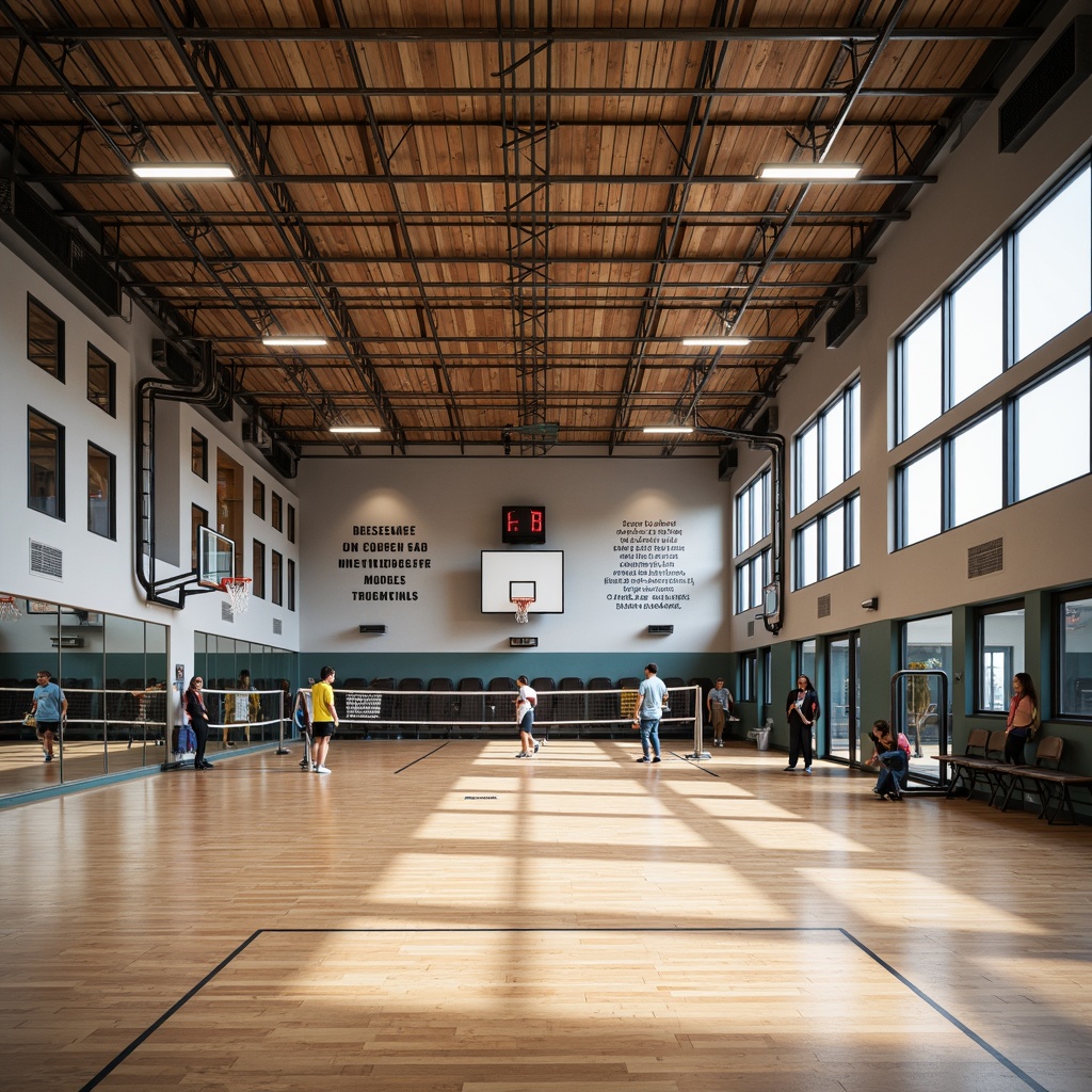 Prompt: Modern gymnasium interior, high ceilings, polished wooden floors, mirrored walls, professional sports equipment, basketball hoops, volleyball nets, athletic tracks, motivational quotes, LED lighting, sleek metal beams, functional shelving, rubber flooring, safety pads, sound-absorbing panels, ventilation systems, natural light, 1/1 composition, shallow depth of field, realistic textures.