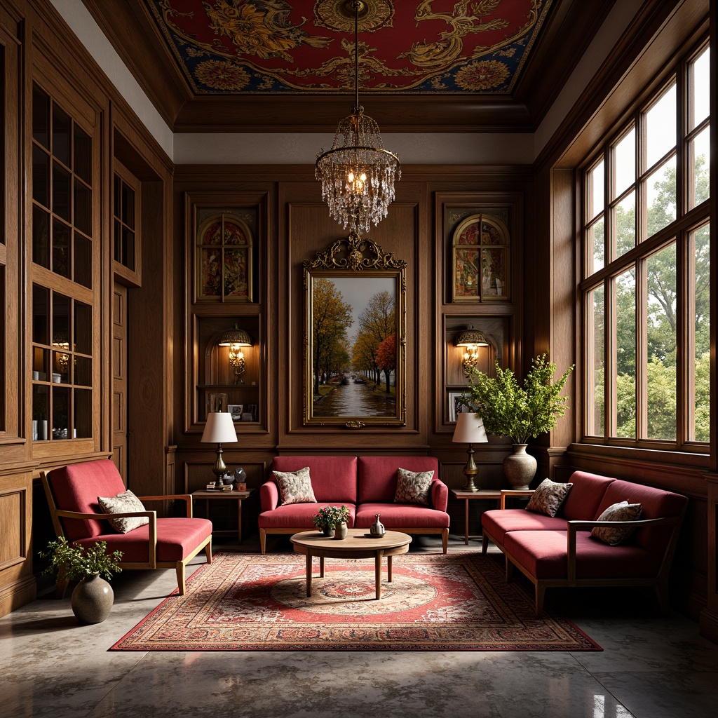 Prompt: Rich velvet fabrics, ornate gold accents, distressed wooden textures, luxurious marble surfaces, vintage leather armchairs, eclectic patterned rugs, bold colorful tapestries, intricate metalwork details, ornamental ceramic vases, lavish crystal chandeliers, warm atmospheric lighting, shallow depth of field, 1/1 composition, realistic reflections, ambient occlusion.