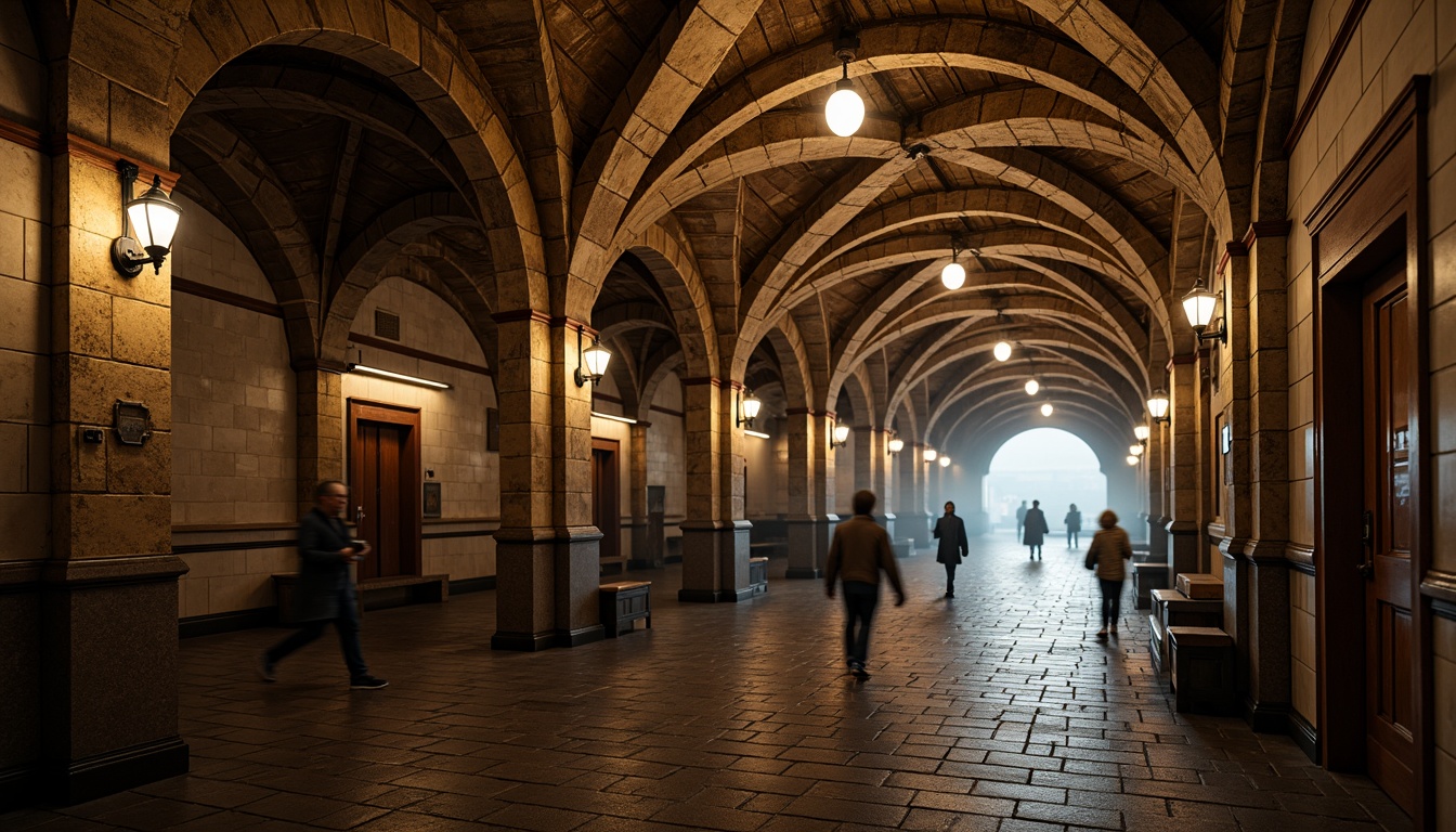 Prompt: Historic metro station, Romanesque style architecture, ornate masonry details, rustic stone walls, vaulted ceilings, grand archways, intricate carvings, textured brickwork, earthy tones, dim warm lighting, atmospheric fog effects, shallow depth of field, 1/1 composition, dramatic low-angle shot, realistic textures, ambient occlusion.