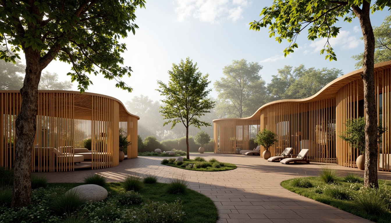 Prompt: Eco-friendly bamboo structures, organic curves, natural textures, woven patterns, earthy tones, sustainable materials, green roofs, minimalist design, open spaces, ambient lighting, soft shadows, warm atmosphere, serene surroundings, lush vegetation, misty mornings, gentle breezes, 1/1 composition, shallow depth of field, realistic render.